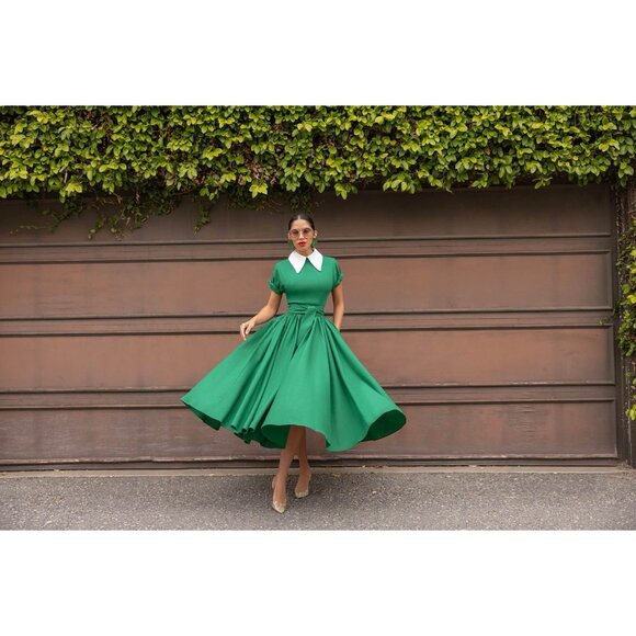 FKSP "Brigitta" Green Pointed Collar Swing Dress Size‎ XXS 1940’s - Picture 4 of 5